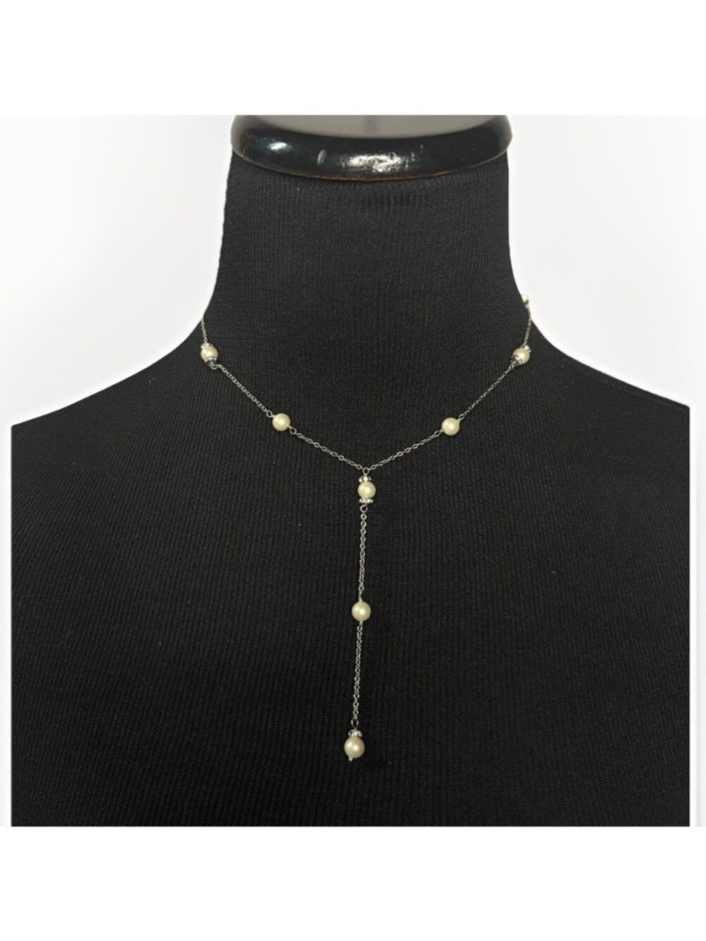 Lauren Ralph Lauren Faux Pearl Choker Y Drop Necklace Silver Tone Formal Bridal